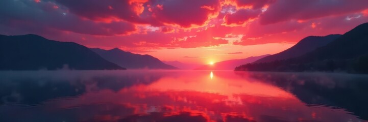 Vibrant red sky over calm lake at dawn, sunbeams pierce mist , red sky, reflection
