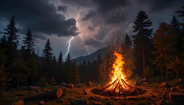 Fiery Bonfire in a Stormy Mountain Forest at Night