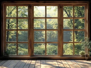 Rustic Wooden Window Frame Forest View Sunlight