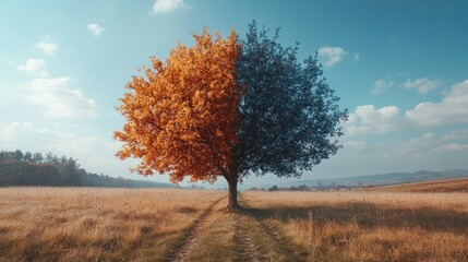 Half autumn, half winter tree in a field.