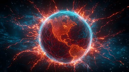 Obraz premium The image shows a stylized representation of planet Earth, with North and South America prominently displayed. The continents are depicted as a network of glowing orange points, connected by thin re