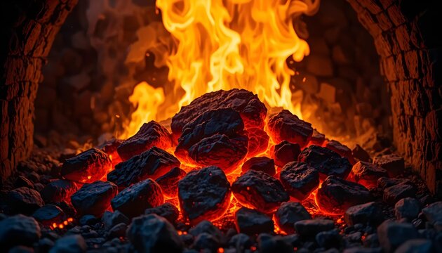 Glowing Hot Coals and Intense Flames in Dark Stone Oven