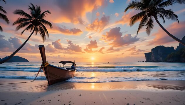 Golden Sunset on Tropical Beach with Longtail Boat