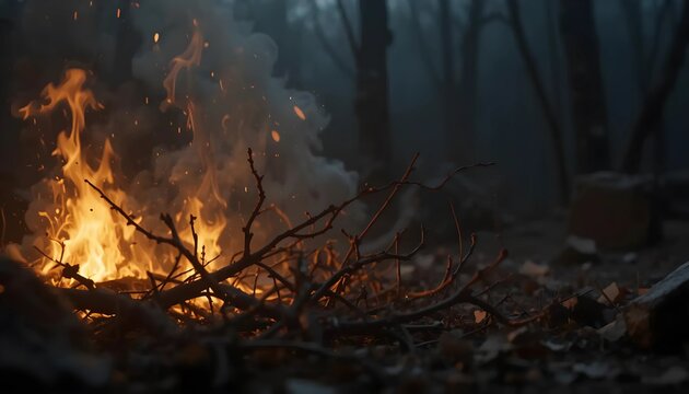 Intense Bonfire Burning in Dark Forest at Night