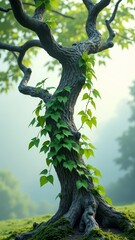 A majestic tree with a twisted trunk and lush green leaves