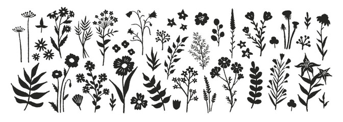 Flowers set hand drawn black pencil. Cute simple doodle art. Floral of wildflower, leaf branch. Blossom illustration for decor, easter, sticker, clipart, print