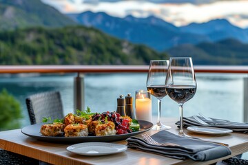 Fototapeta premium Luxury cruises vacation exclusive getaway. Elegant outdoor dining with gourmet dishes and scenic mountain backdrop.