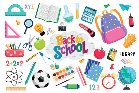 Back to school elements clipart set. School supplies colorful clip art drawing  educational items like book, ruler, scissors, bag and crayons collection vector illustration. 
