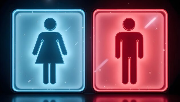 Neon Pixel Art Restroom Signs on Dark Background