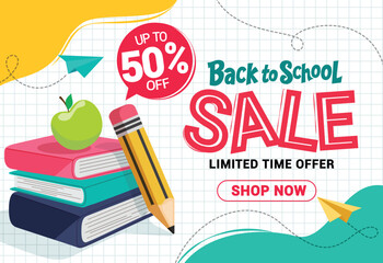 Back to school sale clipart banner design. School limited time offer with 50% off clip art for shopping promotion discount in grid background vector illustration.  
