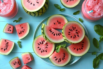 Refreshing Watermelon Summer Slices, Smoothies, & Basil on Blue Wood