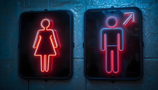 Red and Blue Neon Restroom Signs on a Textured Wall