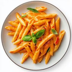 Plate of Penne Arrabbiata, Dinner Plate Style, top view, isolated on white, photorealistic food