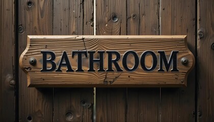Rustic Wooden Bathroom Sign on Dark Brown Wood Background