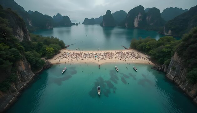 Tropical Island Beach with Turquoise Water and Karst Mountains