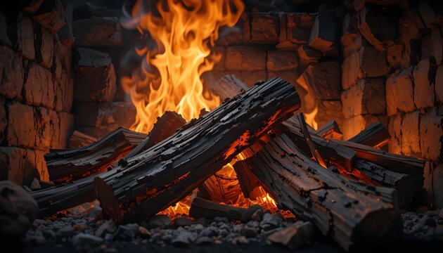Warm Fire Burning in Brick Fireplace