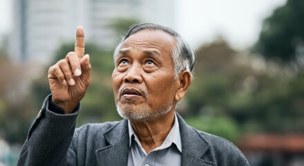 Elderly asian male pointing upward outdoors in thoughtful gesture