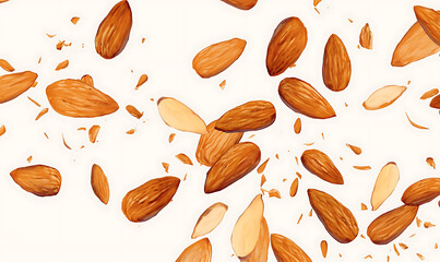 Realistic and artistic representations of almonds, almond farming, processing, and almond-based all isolated on a white background.