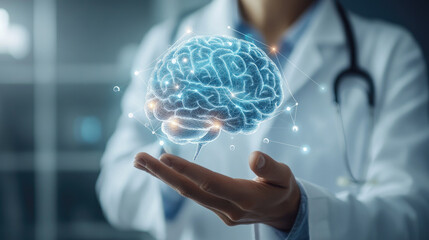 Female doctor examining a 3D holographic brain model, AI-driven cognitive research, neural interface, advanced medical innovation, and neurotechnology in modern healthcare.banner