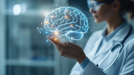 Female doctor examining a 3D holographic brain model, AI-driven cognitive research, neural interface, advanced medical innovation, and neurotechnology in modern healthcare.banner