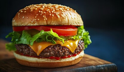 Delicious gourmet cheeseburger.  Freshly made burger, topped with melted cheese, lettuce, tomato, and a savory sauce, resting on a rustic wooden board