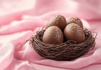 Delicious chocolate eggs in a nest on soft pink fabric creating a festive and cheerful atmosphere for Easter celebrations and springtime festivities