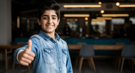 Fototapeta premium Smiling young caucasian teen male giving thumbs up in casual denim shirt indoors