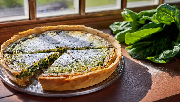 Tourte de Blettes by a Sunny Window &ndash; A unique Swiss chard pie from Nice, with a golden crust dusted with powdered sugar, cut open to reveal its sweet-savory filling