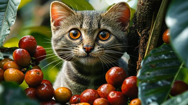 Adorable Pallas's Cat Amongst Ripe Coffee Cherries in Lush Green Plantation