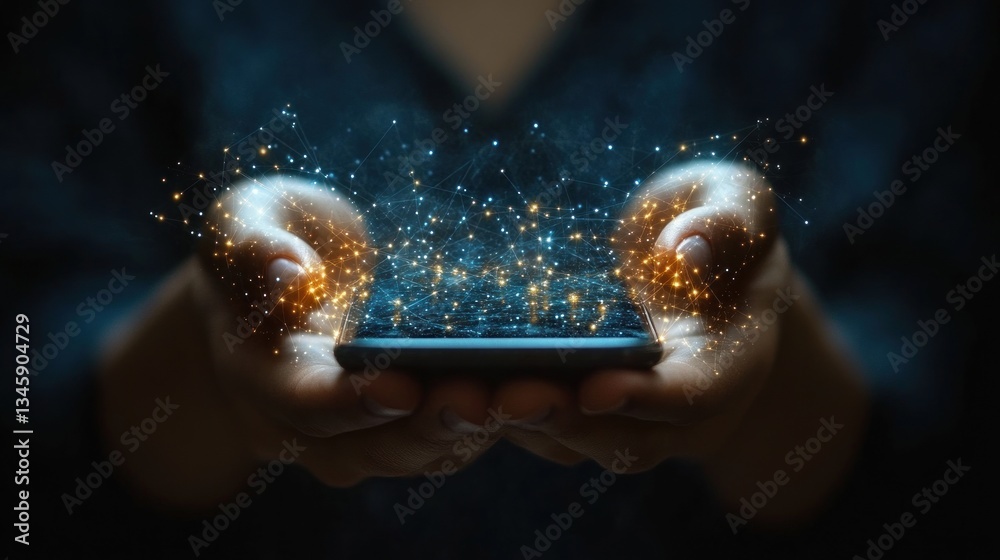 Poster hands holding smartphone with glowing digital network.