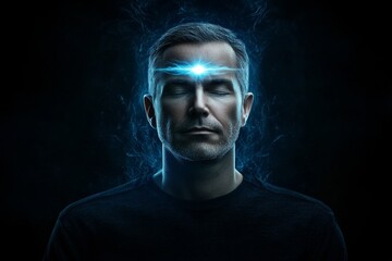 Obraz premium A man with eyes closed, his third eye glowing with intense spiritual energy