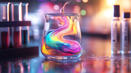 beaker with a swirling colorful liquid, placed next to a digital thermometer and a set of graduated cylinders, on a clean lab surface 