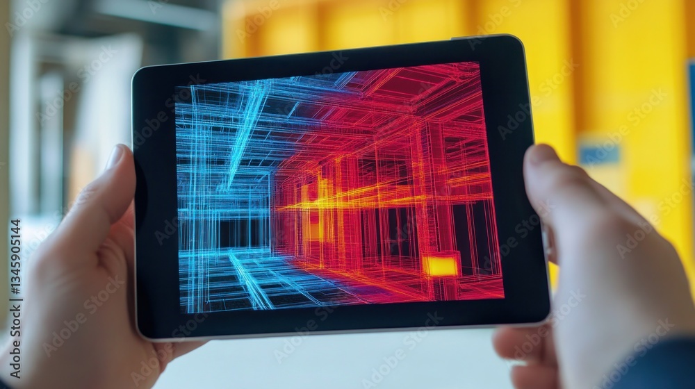 Aufkleber hands holding tablet displaying 3d architectural model.