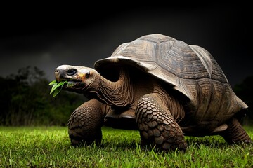 Fototapeta premium A massive GalÃ¡pagos tortoise slowly munching on fresh green leaves, standing in a vast open field