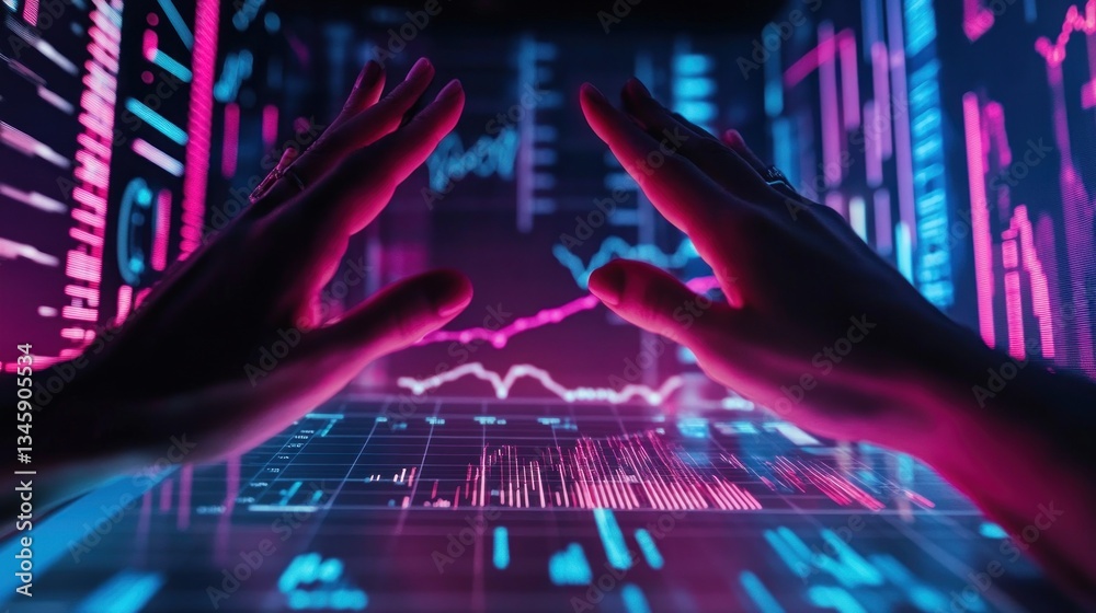 Poster hands interacting with holographic financial data displays.