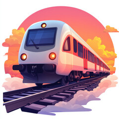 Obraz premium modern train traveling on railway tracks with vibrant sunset and clouds in background, Isolated design on white background