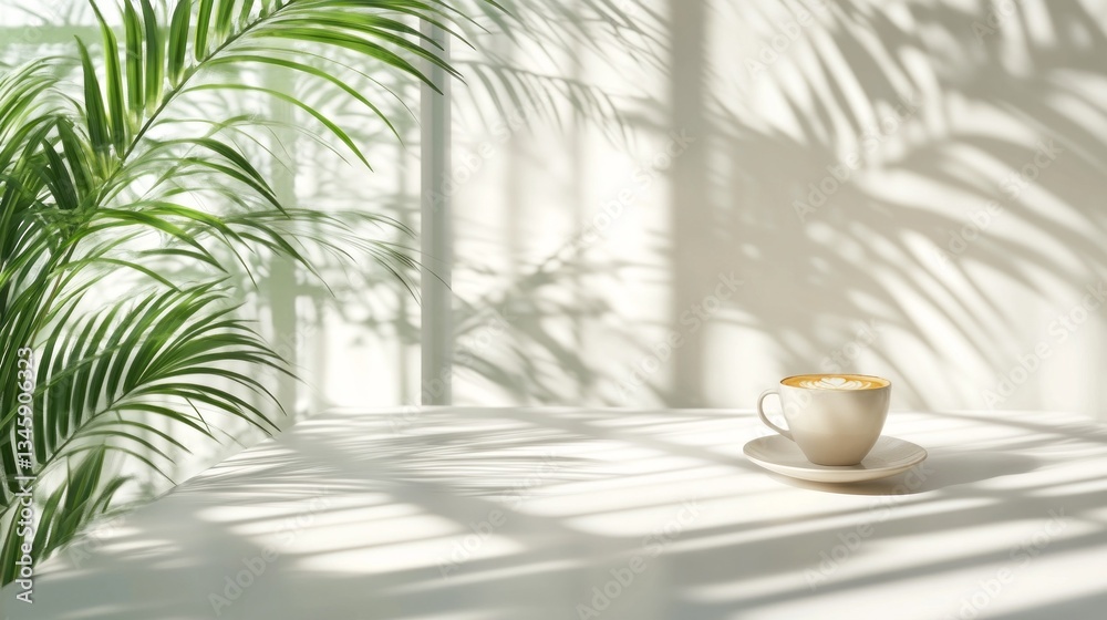 Poster sunlight filters through the windows, casting intricate shadows of palm leaves onto a clean table. a
