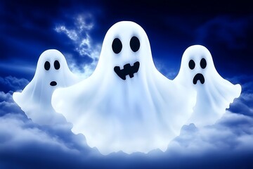 Obraz premium Three cartoon ghosts floating above some fluffy and white clouds