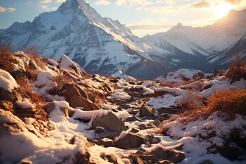 mountain landscape undergoes a breathtaking metamorphosis as snow blankets rugged terrain, igniting a dance of contrasts between pristine white snow and vibrant hues of surrounding nature