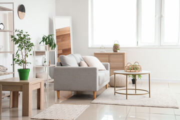 Interior of light living room with grey sofa and table