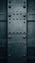 Fototapeta premium A close-up of industrial steel plates with large, rusted rivets creating a bold, mechanical texture.