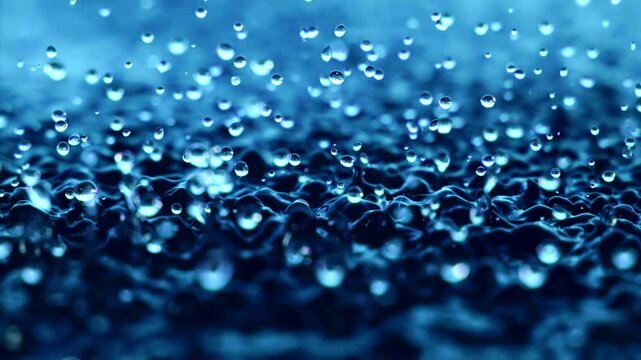 Macro closeup super slow motion 1000fps.Splash drops liquid in blue color.Splashes water drops liquid when surface water is vibration.Wave and drops in blue background.Abstract crystal particle drops