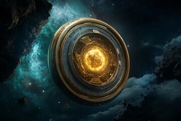 A mystical clockwork engine powered by glowing magical runes, floating in mid-air
