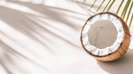 Half Coconut On Sandy Background With Leaf Shadow