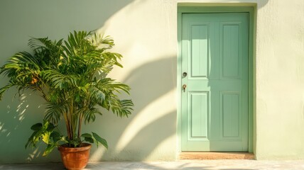 Green Door and Potted Palm Plant in Sunlight