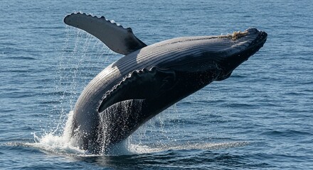 Obraz premium Humpback Whale Breaching Ocean Surface During Daytime with Water Splashing Around