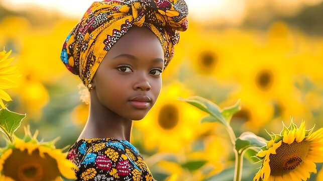 A young girl wearing an elegant Aso Oke dress with intricate beadwork, standing gracefully in a field of bright yellow sunflowers, her gele headwrap catching the warm afternoon breeze. --ar 16:9