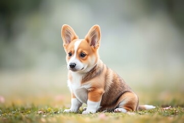 Cute Corgi Puppy With A White Stripe Sits On The Grass With Its Ears Standing Up