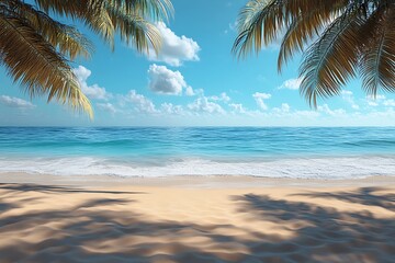 Idyllic Tropical Beach Scene Calm Ocean, Palm Trees, Sandy Shore