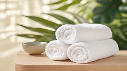 White Towels And Ceramic Cup Spa Decor With Greenery